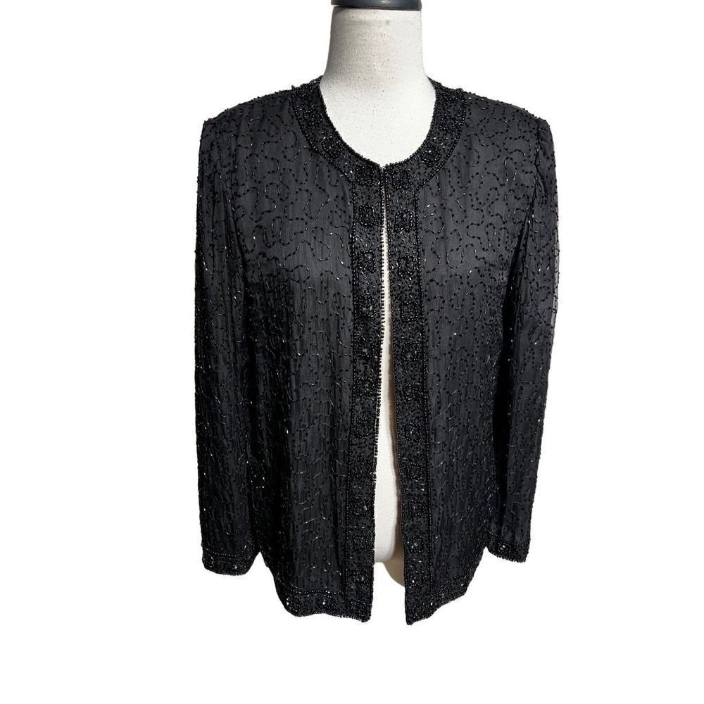 Laurence Kazar Vintage Long Sleeve Fully  Beaded Silk Evening Jacket Formal Smal